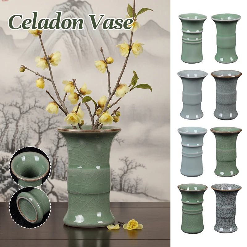 Antique Celadon Ceramic Vase Crackle Glaze Incense Tool Holder Hydroponic Vase Chinese Style Desktop Decoration Ornaments