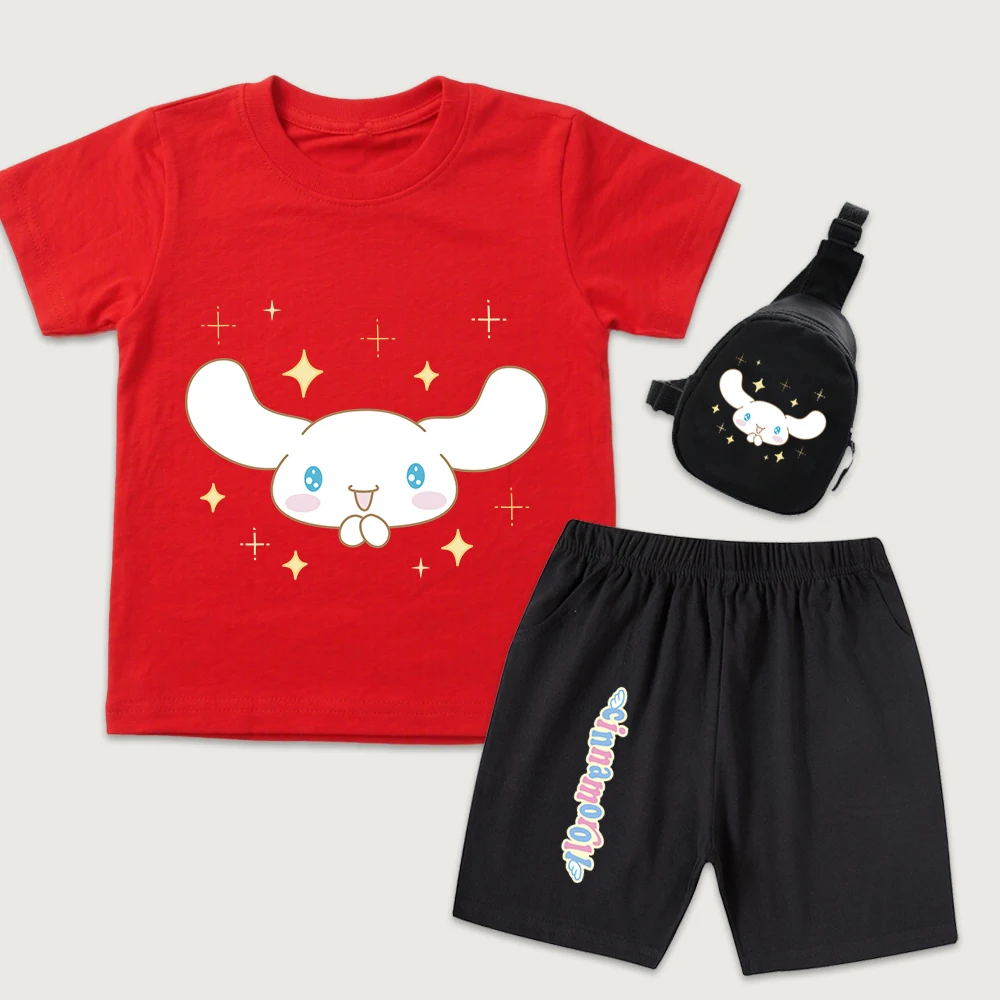

Детская хлопковая футболка с принтом Cinnamoroll Shining Wish, шорты, мини-сумка на грудь, комплект из 3 предметов для мальчиков и девочек, повседневная летняя одежда