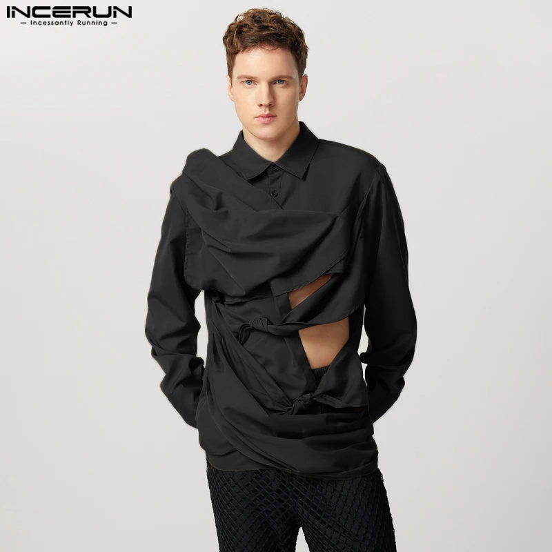 INCERUN 2025 Handsome Men's Tops Personality Twisted Design Shirts Stylish Male Solid All-match Hollow Long Sleeved Blouse S-5XL