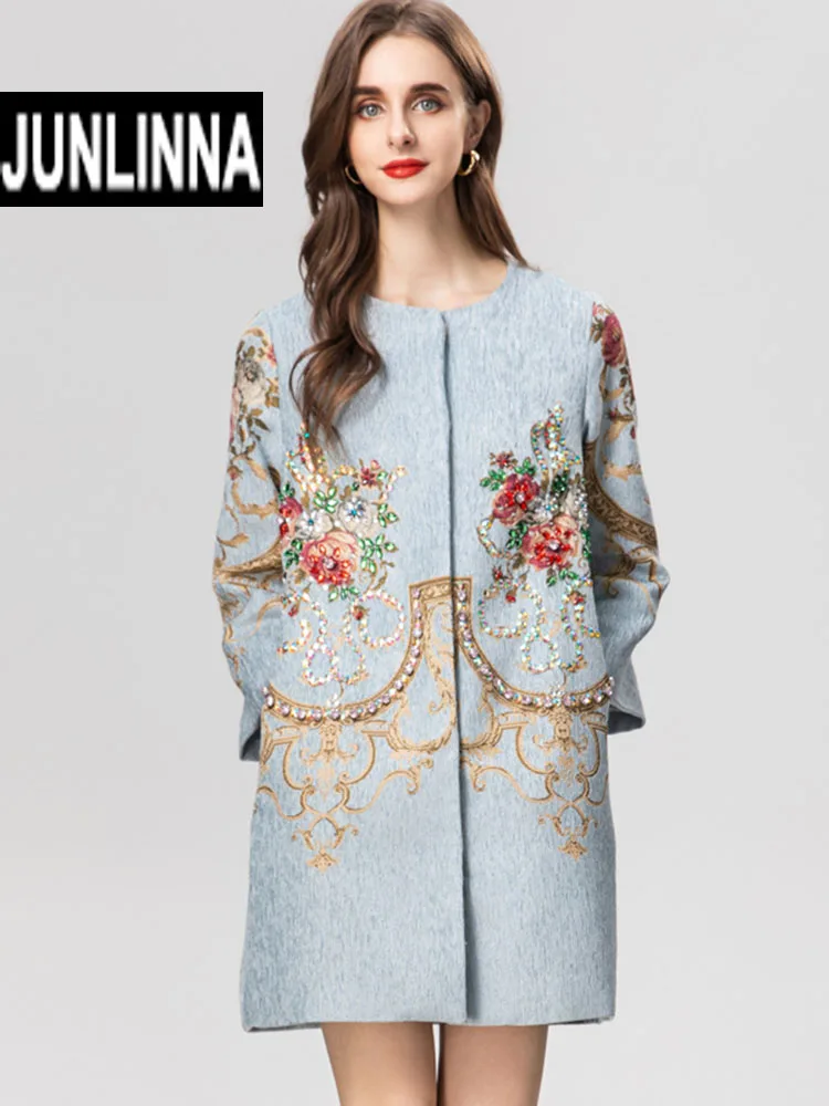 

JUNLINNA Autumn Winter Women Coat Beading Jacquard Fashion O-Neck Long Sleeve Covered Buttons Casual Trench Outwear