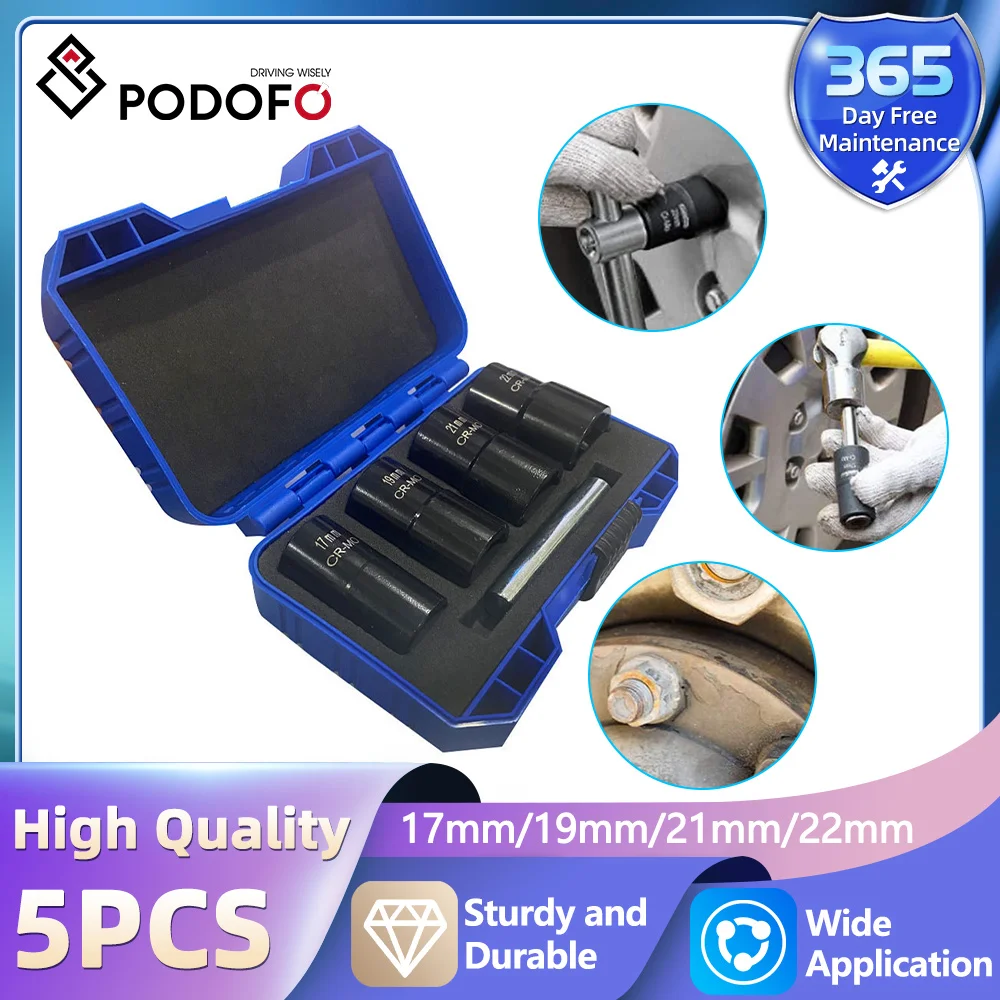 Podofo 1/2” Drive Impact Bolt Nut Extractor Set, 5pcs Locking Wheel Lug Nut Remover Kit 17mm 19mm 21mm 22mm Twist Socket Set