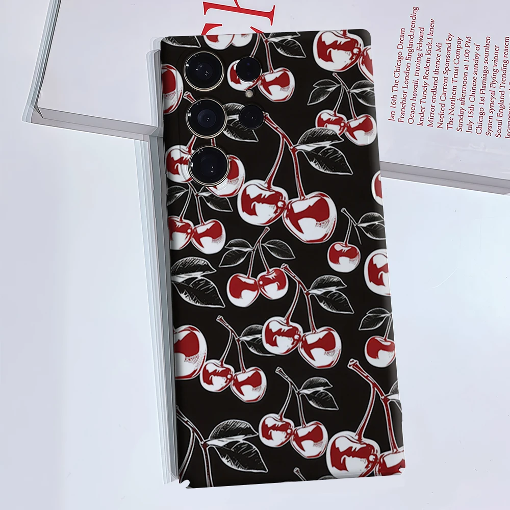 Black Red Cherry Line Art Phone Case for Samsung Galaxy S26 S25 Ultra S24 S23 Ultra Plus Glossy Double-layer Back Cover