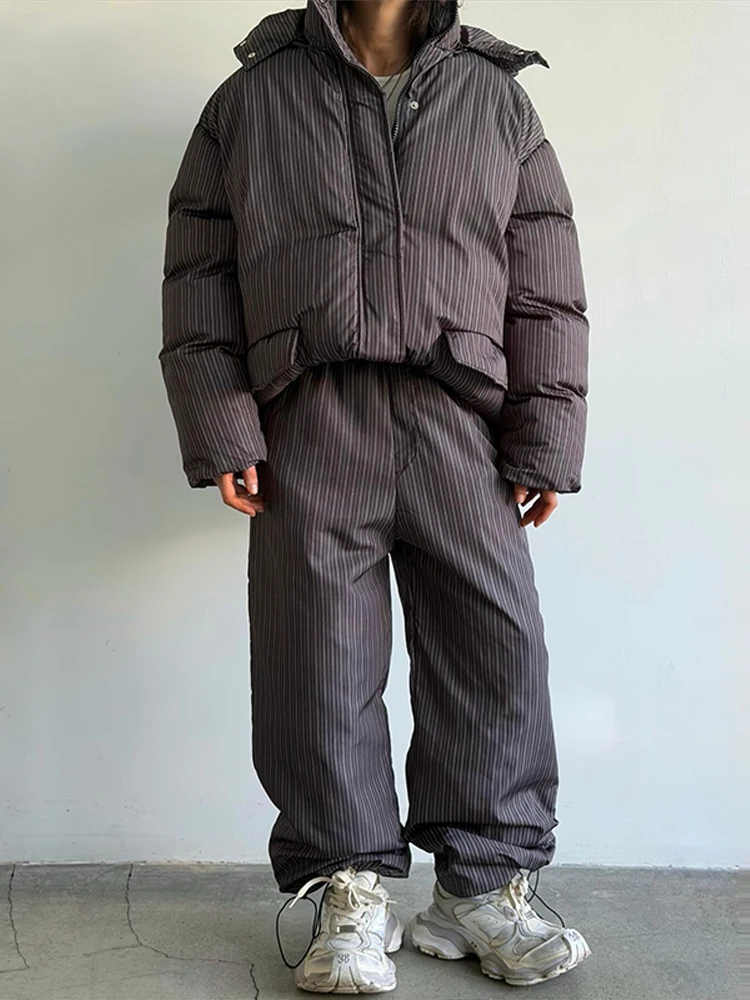 Women's Oversized Winter Striped Jacket Pant Set Hooded Loose Padded Coat Elastic Waist Pants Lady 2 Pieces Thick Warm Snow Suit