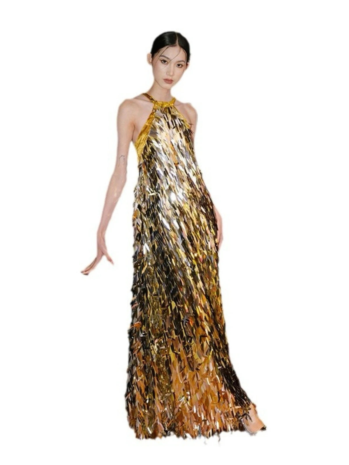 Golden Silvery Celebrity Dresses Sexy Halter Backless Shiny Sequins Mermaid Tassel Performance Host Party Cocktail Gowns New