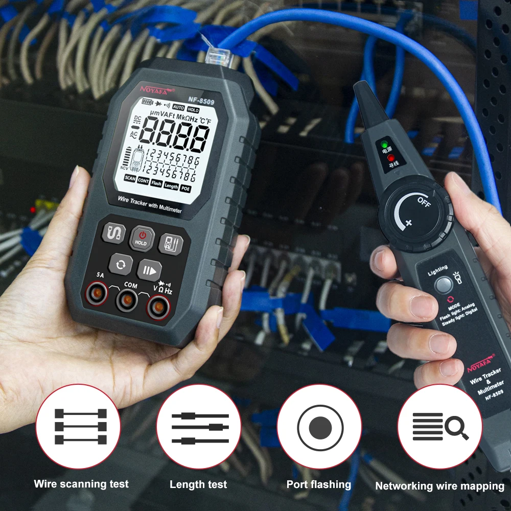 Imagem -03 - Noyafa-network Cabo Tester e Multímetro Digital Nf8509 Cabo Tracker Cat5 Cat6 Poe Tester Detectar Comprimento Teste de Continuidade em 1