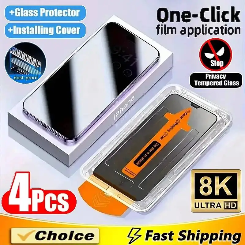 

1-4PCS Easy Install Privacy Screen Protector For Iphone 17 Pro Max Air 16 15 14 Plus 12 13 11 X XR Xsmax Anti Spy Tempered Glass