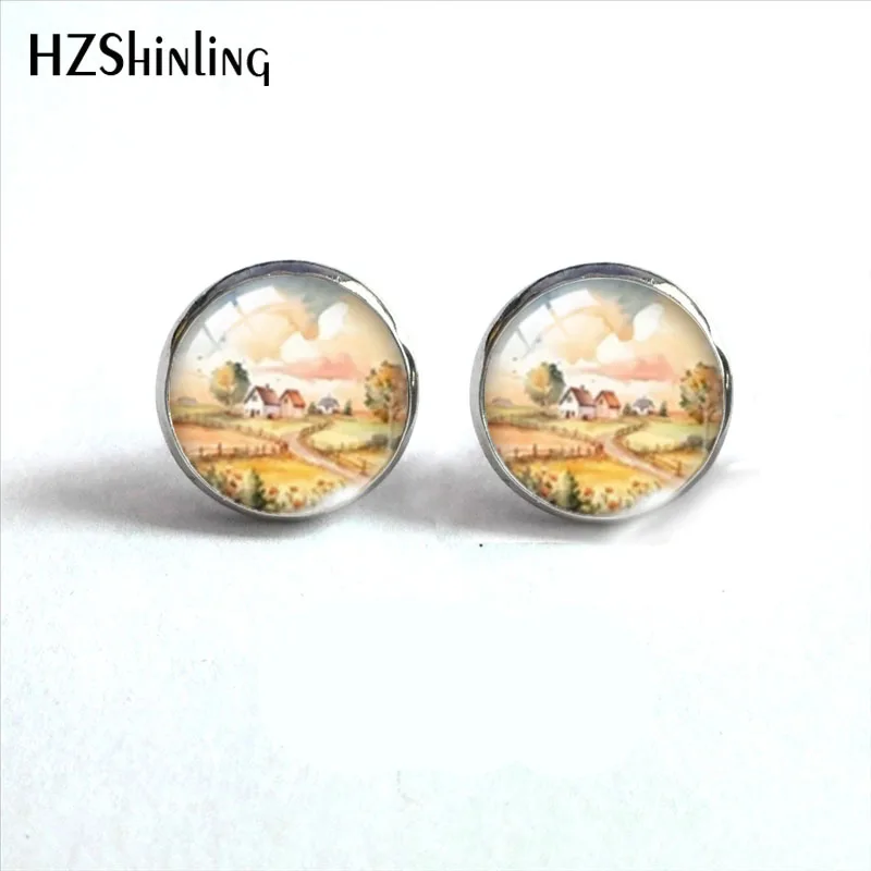 2023 New Sunny Landscape Stud Earring Sunset Round Earrings Handmade Glass Dome Photo Printed Jewelry Gifts