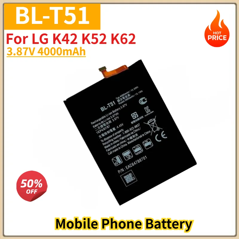 3.87V 4000mAh Li-ion Battery BL-T51 For LG K42 K52 K62 Mobile Phone High Quality Replacement Battery