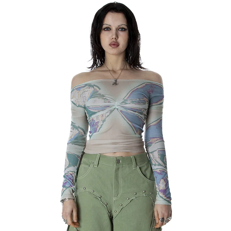 Mesh Graphic Print Women T Shirt See Through Long Sleeve Slim Tees Y2K Aesthetic American Retro High Street Clothing Streetwear