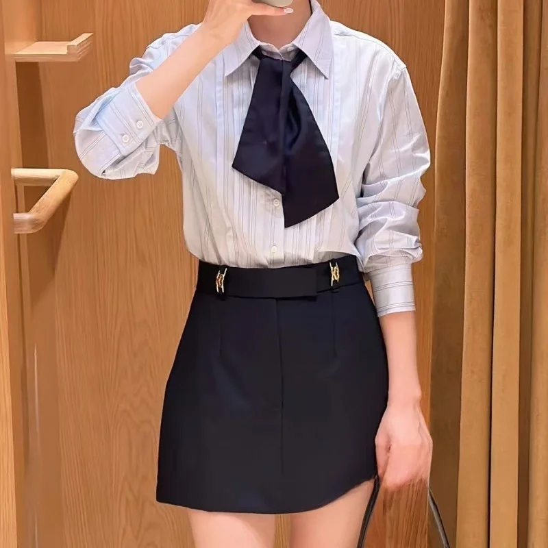   ort Gestreepte irt voor dames in de vroege herfst Fre College Sle Contrasterende kleur Gordel Geplooid Puur katoen Lange sl...