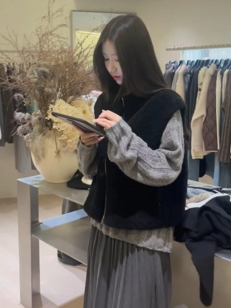 Retro Sle Dames Open Eapenvacht Vest Svel Ronde Ne Loose Fit Herfst Winter Bovenkleding Ritssluiting