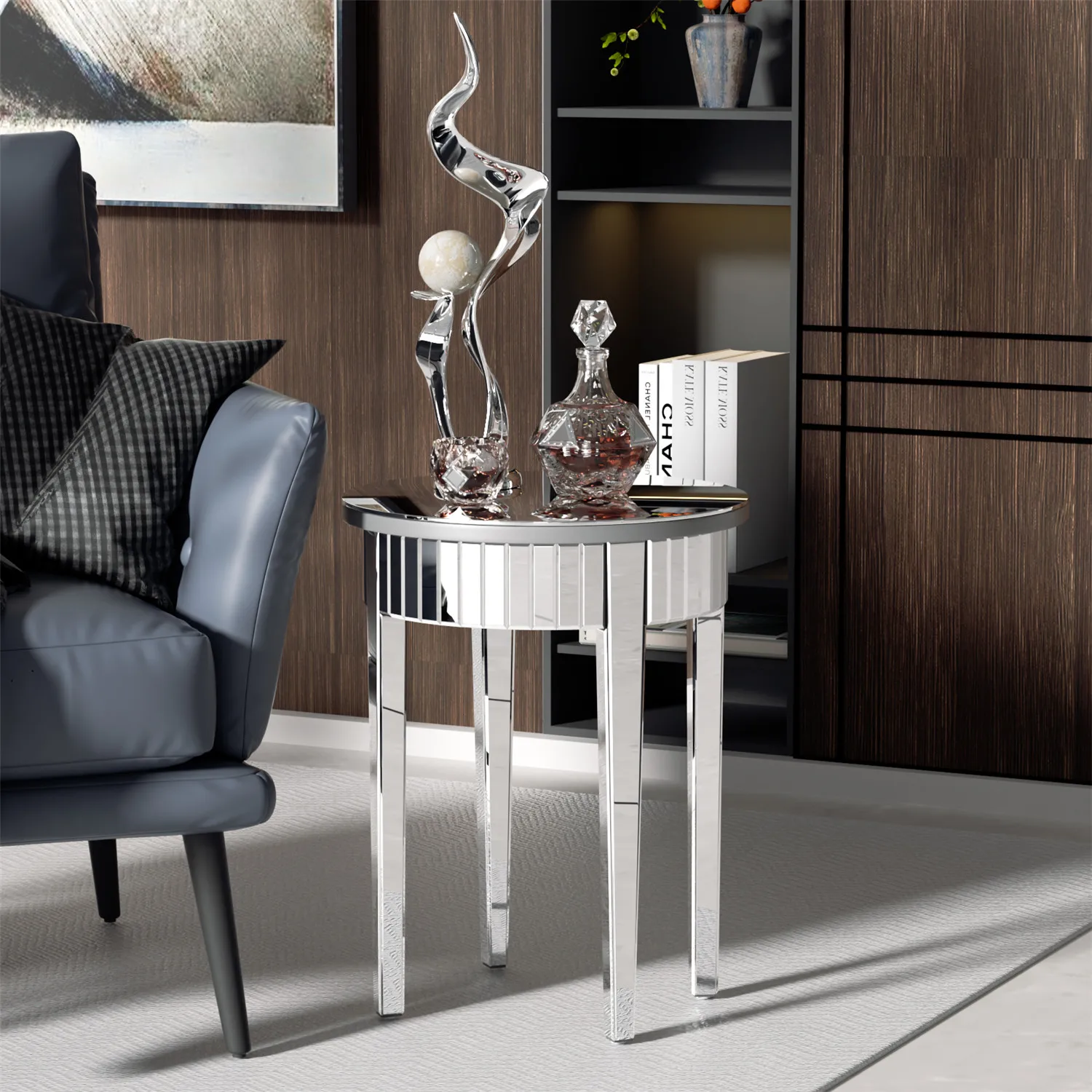 Round Side Table Mirrored, 2-Tier Modern Small Sofa Table with Storage, Silver Accent Table for Living Room