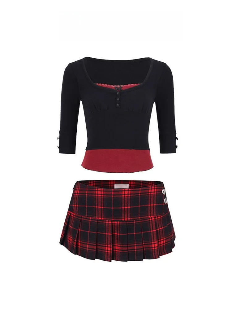 

Spicy Girl Low Waist Plaid Skirt Women's Spring Summer Vintage Small Size JK Sle Ultra ort Skirt with Pencil Skirt