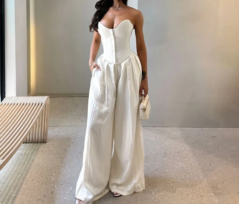 

Temperament Fashion Waist Split Bandeau Vest # Pinched Pleated Design Street Personality Wide-leg Pants