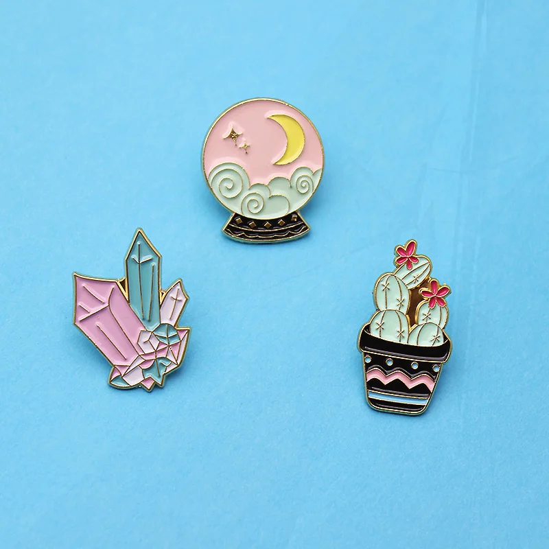 

Модные значки Pines, заколки для рюкзака, пальто, лацкана, брошь, ювелирные изделия, аксессуары, новейший хрустальный шар, кактус в горшке, металл, эмаль