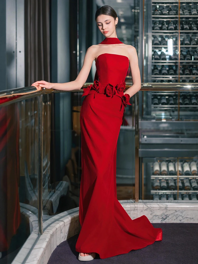 

Ele Red Wedding Dr with Train for Bridal ower Engagement Par Long Evening Gown with Handmade Flowers Polyester
