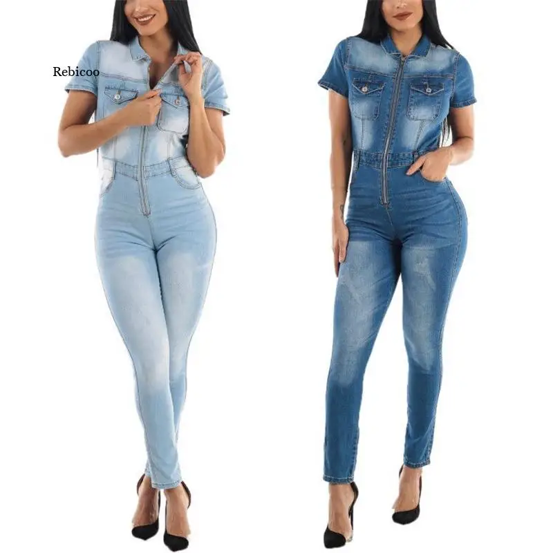 

Women Short Sleeve Denim Active Romper Bodycon Elastic One Piece Overalls Outfits Sleeveless Jeans Playsuits