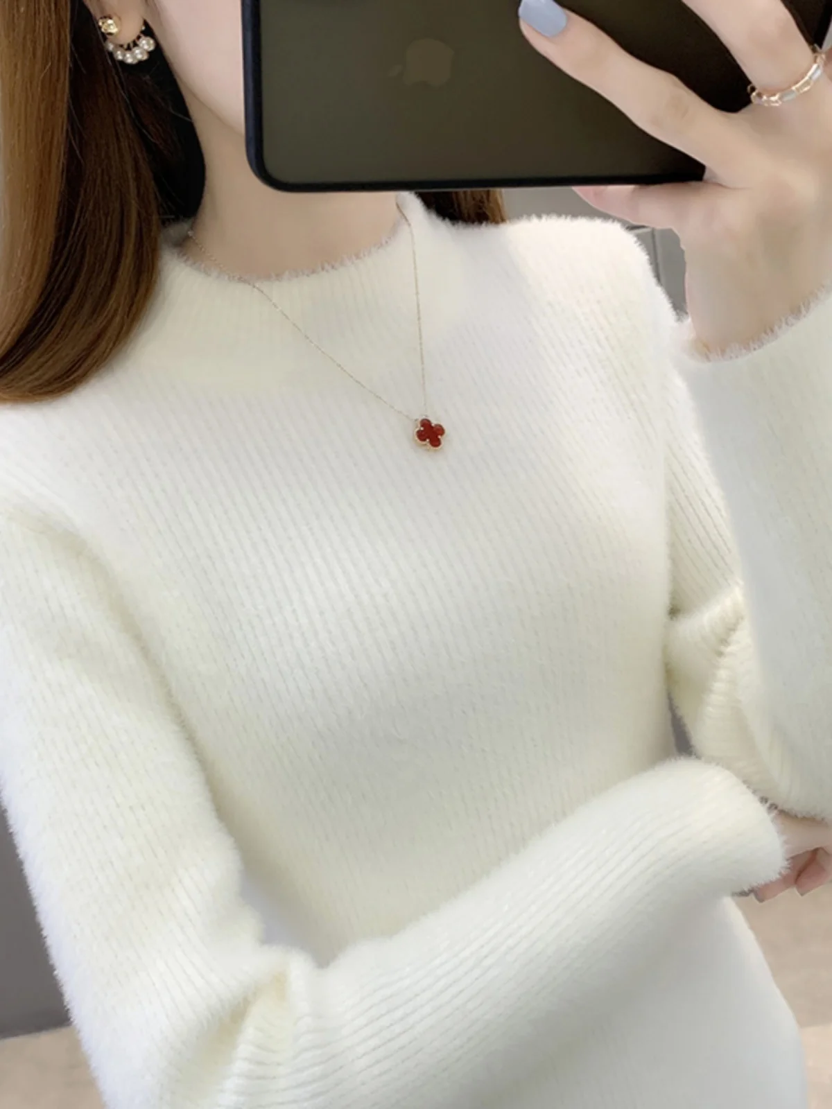 

White Mink Sweater Women's Autumn Winter Thiened f High Collar Slim Fit Base Layer Knitted Top Commute Sle Long Sve