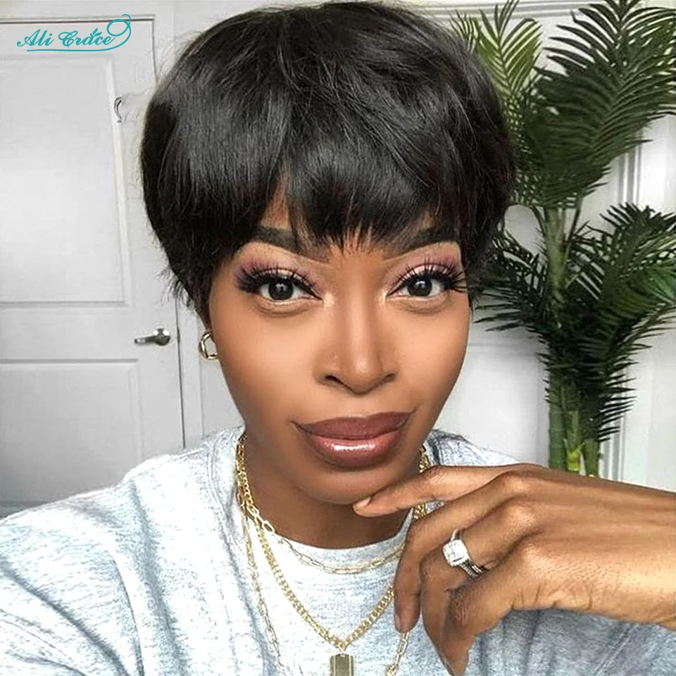 Short Bob Pixie Cut Wigs Straight Human Hair Machine Made Wigs With Bangs Brazilian Remy Hair Wig Ready To Go