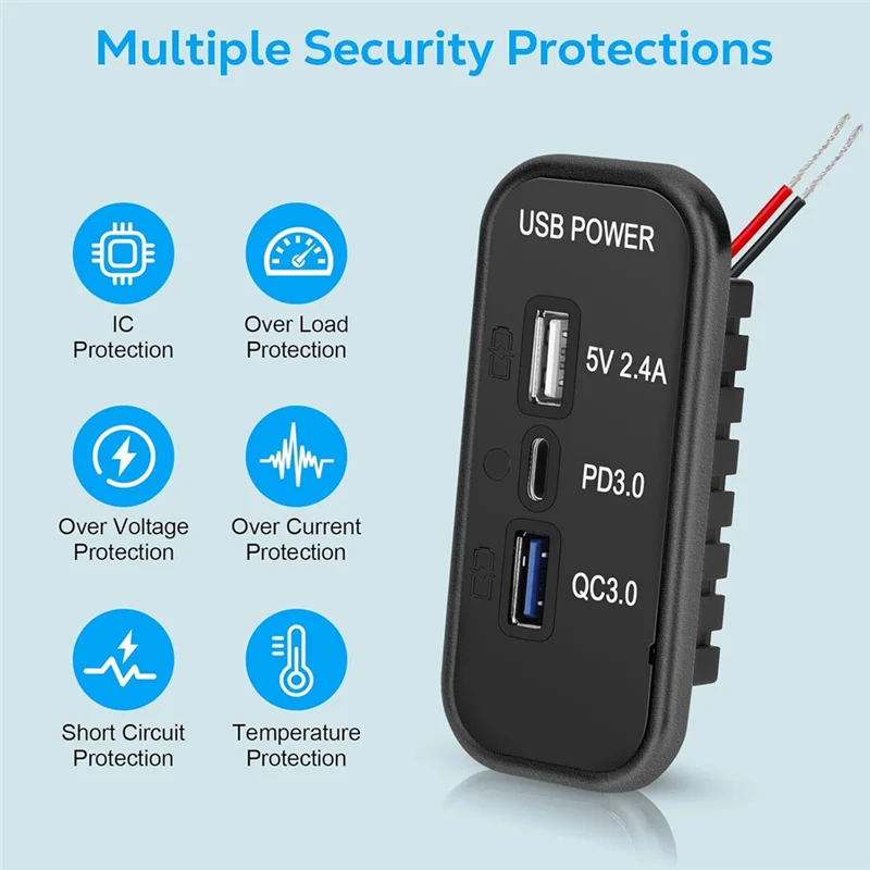 -A89Z شاحن منفذ USB 3 منافذ 12 فولت، PD3.0 نوع C، QC 3.0 USB A & 2.4A USB A محول مقبس شاحن سريع للسيارة البحرية