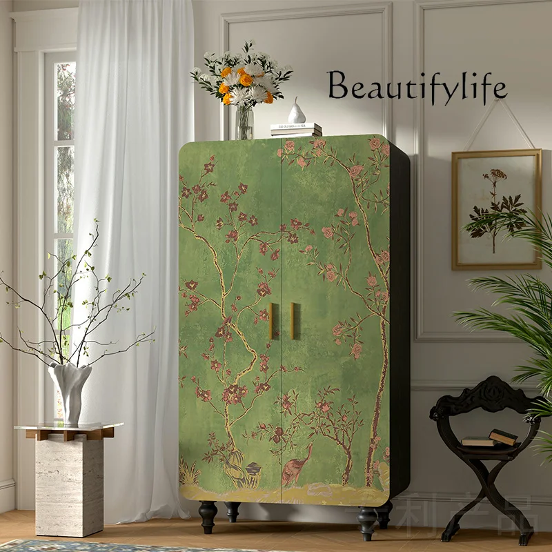

French pastoral solid wood wardrobe creative painting household simple locker wardrobe
