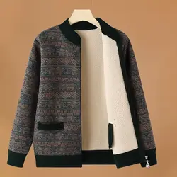Fashionable Cardigan Printed Zipper Plus Velvet Thickened Casual Warm Long-sleeved Short Jacket