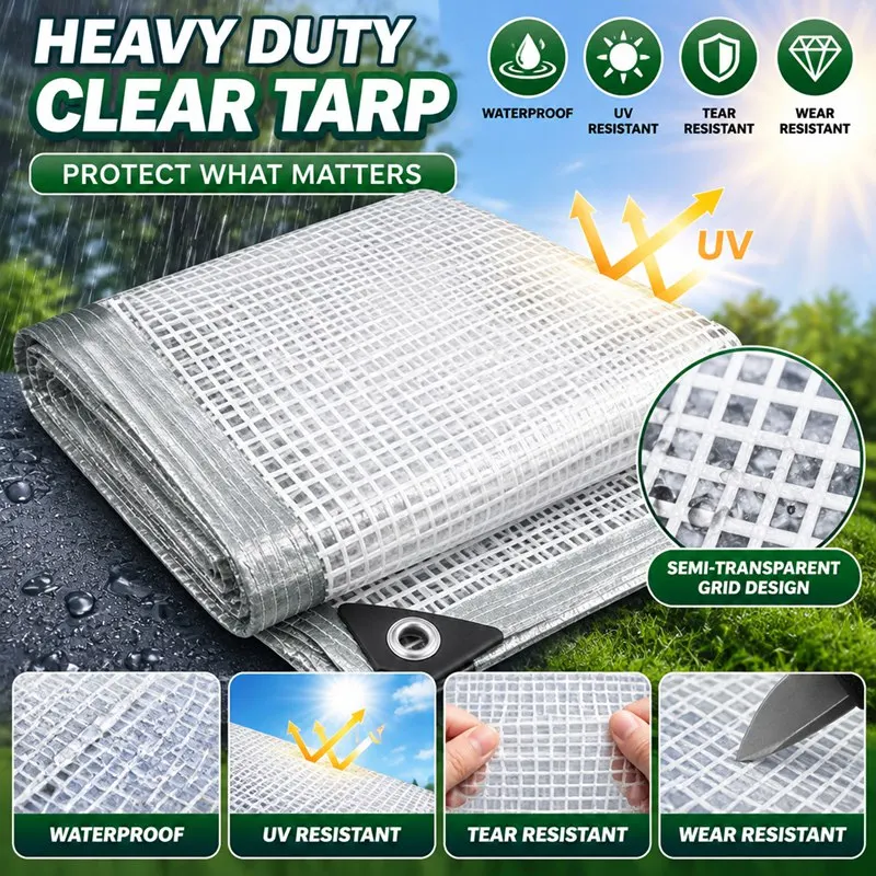 Premium Grid Semi Transparent Waterproof Tarpaulin, Anti‑UV Gentle Shade Rainproof Cloth, See‑Through Grid Tarp Cover with Reinforced Edges, Durable Weather Resistant, Ideal for Balcony, Patio, Pergola, Greenhouse, Outdoor Plant Shelter