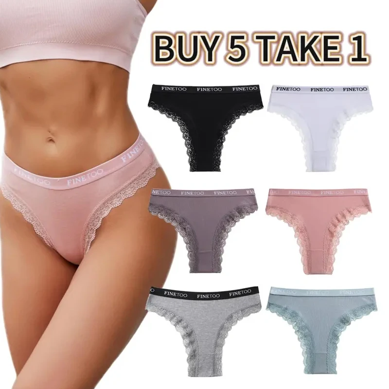 파인투 5개 구매 시 1개 증정 코튼 스플라이싱 레이스 팬티 M-XXL 로우 웨이스트 웨빙 속옷 패션 편안한 브라질리언 팬티 6개입