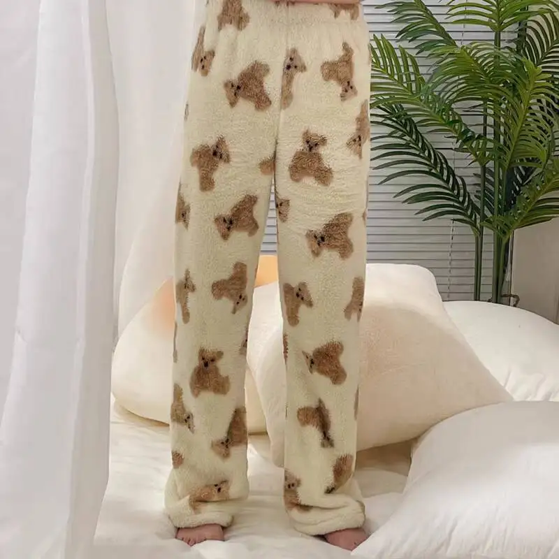 

Cute Bear Printed Coral Velvet Pjs Sleeping Pants Y 2k Winter Kawaii Warm Fuzzy Fur Pijama Pants Korean Plush Home Wear Trousers
