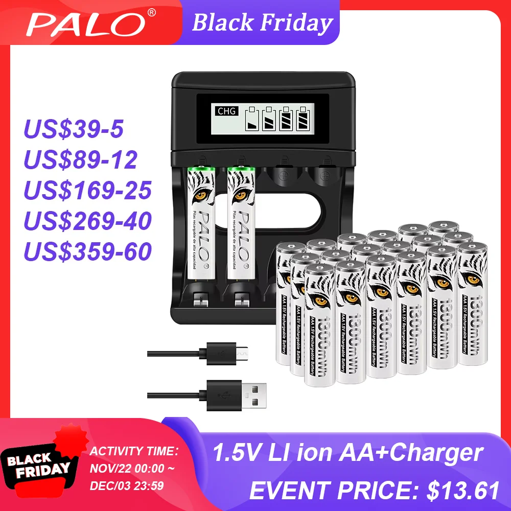 PALO 1.5V AA Rechargeable Li-Ion Battery AA Lithium ion Batteies AA 2A Cell With LCD USB Charger for 1.5V AA AAA Li-ion Battery