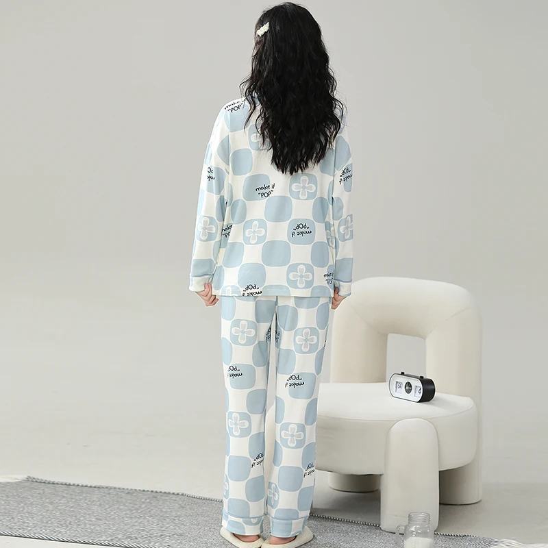 Blue Plaid Pajama Women Cute Kawaii Sweet Long Sleeves Long Pants Autumn Winter Soft Sleepwear Cozy Pyjamas Girl Pijamas Lady Pj