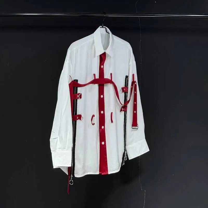 Fashion Personality Splicing Straps Men's Shirt Turn Down Collar Long Sleeve Single Breasted Top 2026 Spring New JUJY78