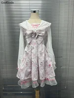 2025 Japanese Sweet Lolita Kawaii Dress Women Spring Printed Bow Fake Two Piece Dress Female Korea Style Design Party Clothing 3