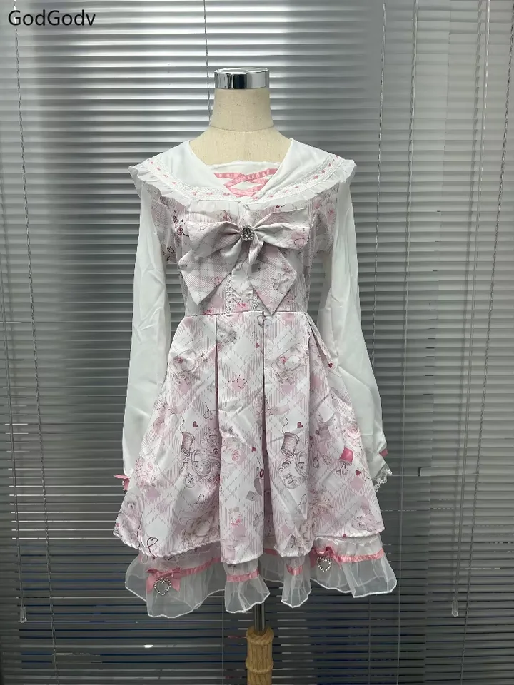 Vestido Lolita Dulce Japonés 2025 Kawaii para Mujer Primavera Estampado con Moño Falso Dos Piezas Estilo Coreano Diseño para Fiesta 3