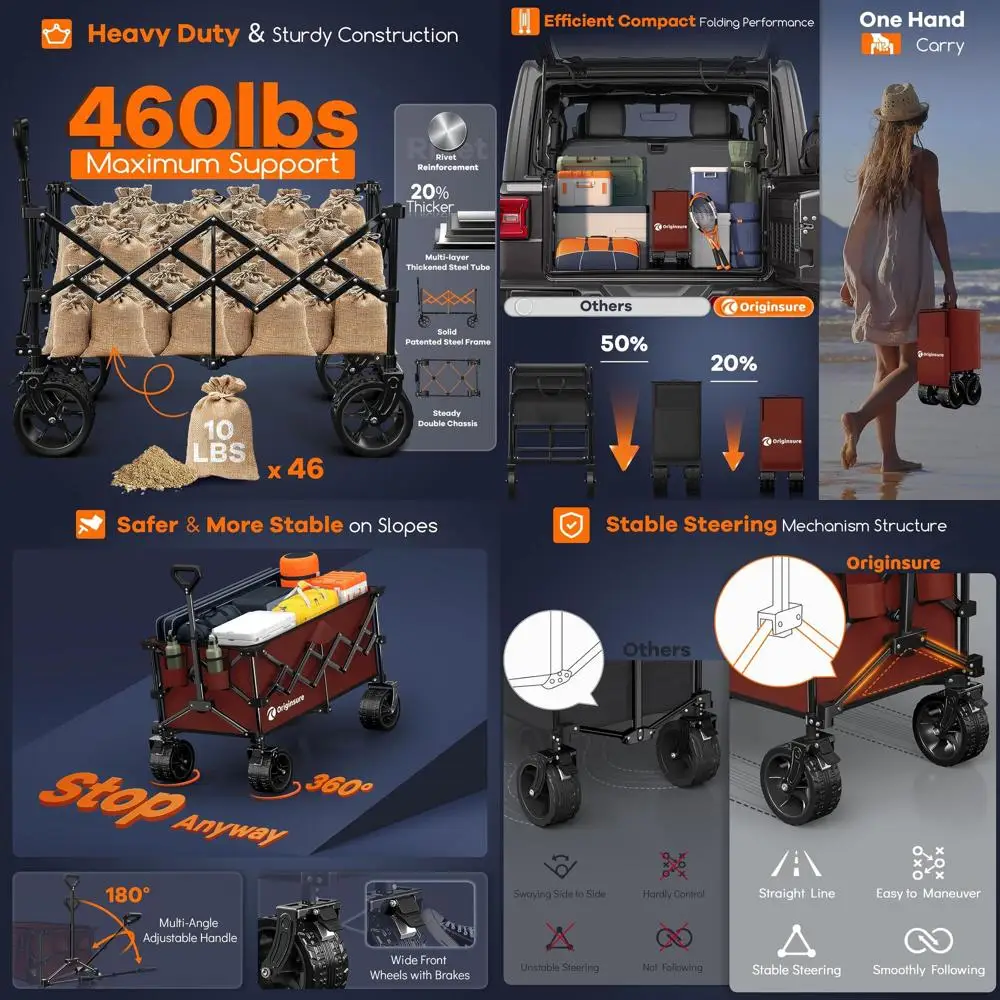 Collapsible Wagon Cart with 460lbs Load Capacity, All-Terrain Wheels for Beach, Groceries, Camping, Sports - Heavy Duty Folding