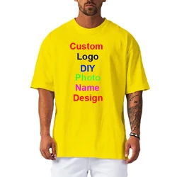 DIY Brand Logo Customized Oversized T shirt Men Summer Loose Drop Shoulders Gym Clothing Bodybuilding Fitness Hip Hop T-shirt