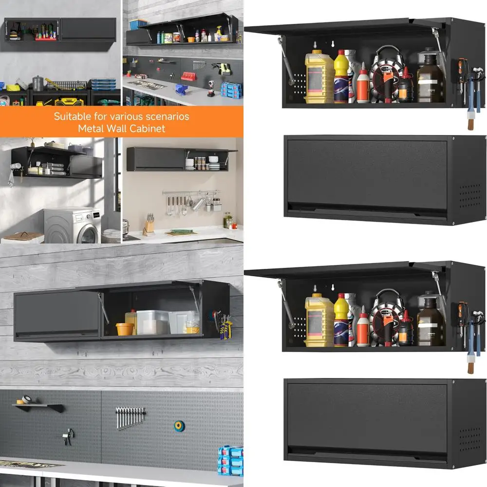

Black 31.5 Wide Wall-Mounted Metal Storage Cabinet for Kitchen, Garage, and Basement with Up-Flip Door, Assembly Required