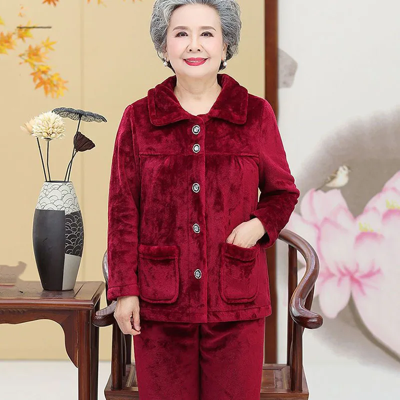 New Middle-aged Womens Pajamas Thick With Velvet Autumn Winter Warm Pajamas Flannel Home Wear Female Trousers Two-Piece Sets 4XL