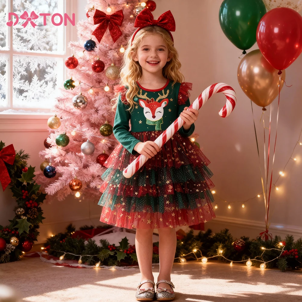 DXTON New Year Girls Dress Layered Patchwork Christmas Kids Gift Elk Cartoon Cute Children Xmas Party Elegant Dress Up Clothing