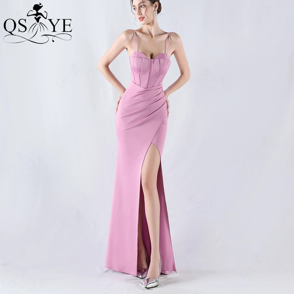 Vestidos de Noche con cuello de concha de color rosa intenso, tirantes finos, vestido Formal sencillo fruncido elástico, corpiño deshuesado, abertura en la pierna, vestido de fiesta con lazo en la espalda