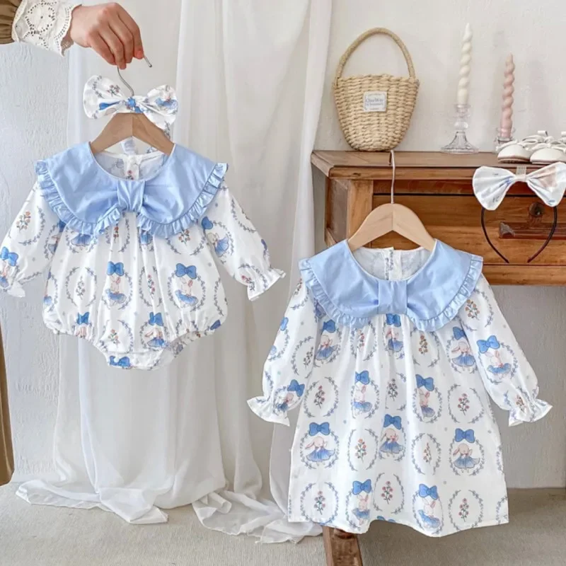 Brand New Baby Girls Printed Cotton Dresses Rompers+bow Headwear,Toddlers Kids Birthday Princess Beautiful Clothes Jumpsuits