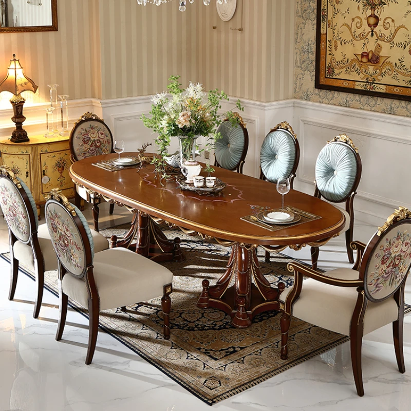 

Solid wood dining table and chair combination carved hand-painted large dining table villa oval high-end dining table