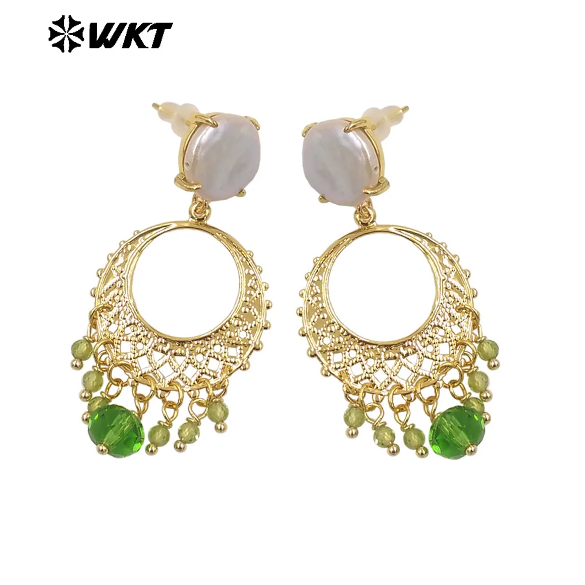 WT-MPE133 Characteristic Ethnic Style Natural Freshwater Pearl Gold Plated Earring Hollow Design Suitable For Holiday Decoration