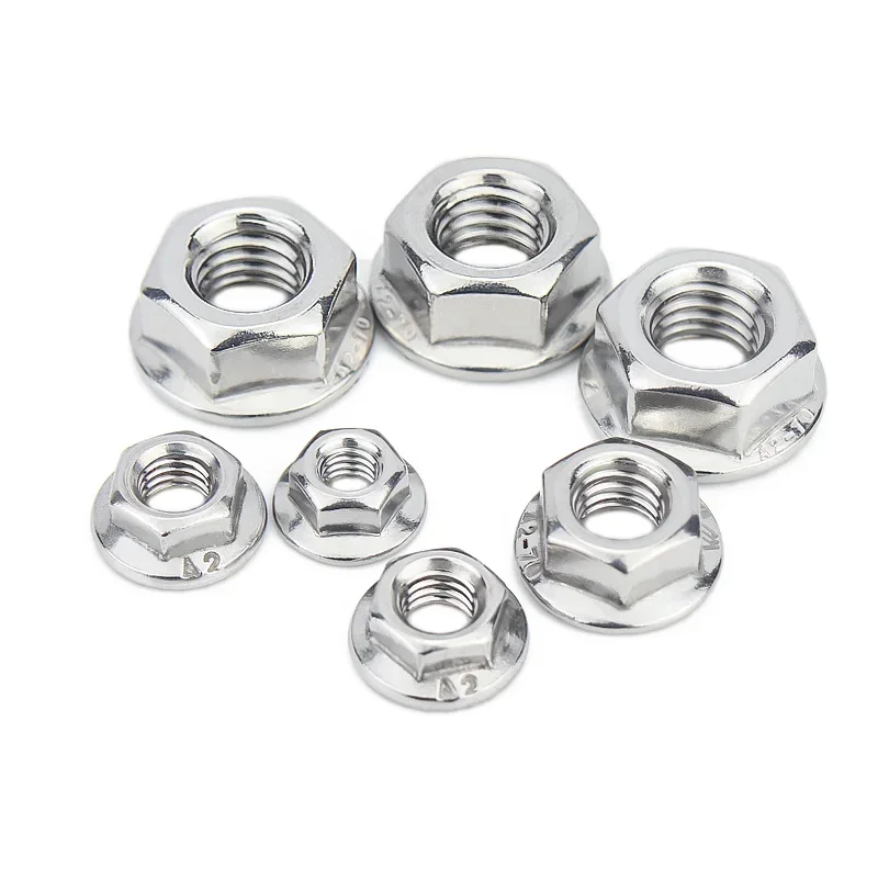 304 High-Quality Stainless Steel M3 M4 M5 M6 M8 M10 M12 5/16-8 Hexagonal Flange Face Nuts with Auto-Locking Serrated Screw Locks