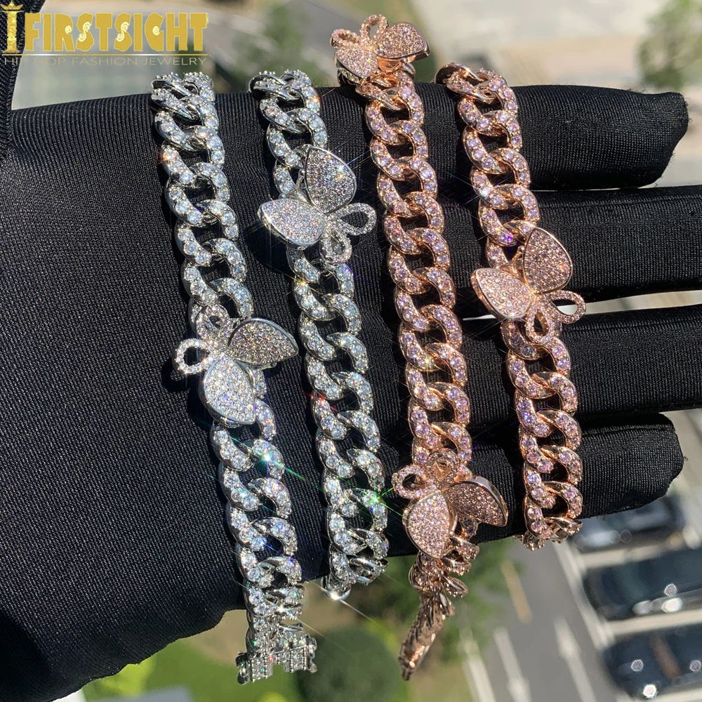 

Iced Out Bling Butterfly Necklace Silver Color 10MM Miami Cuban Chain Charm Choker Women Luxury Hip Hop Jewelry