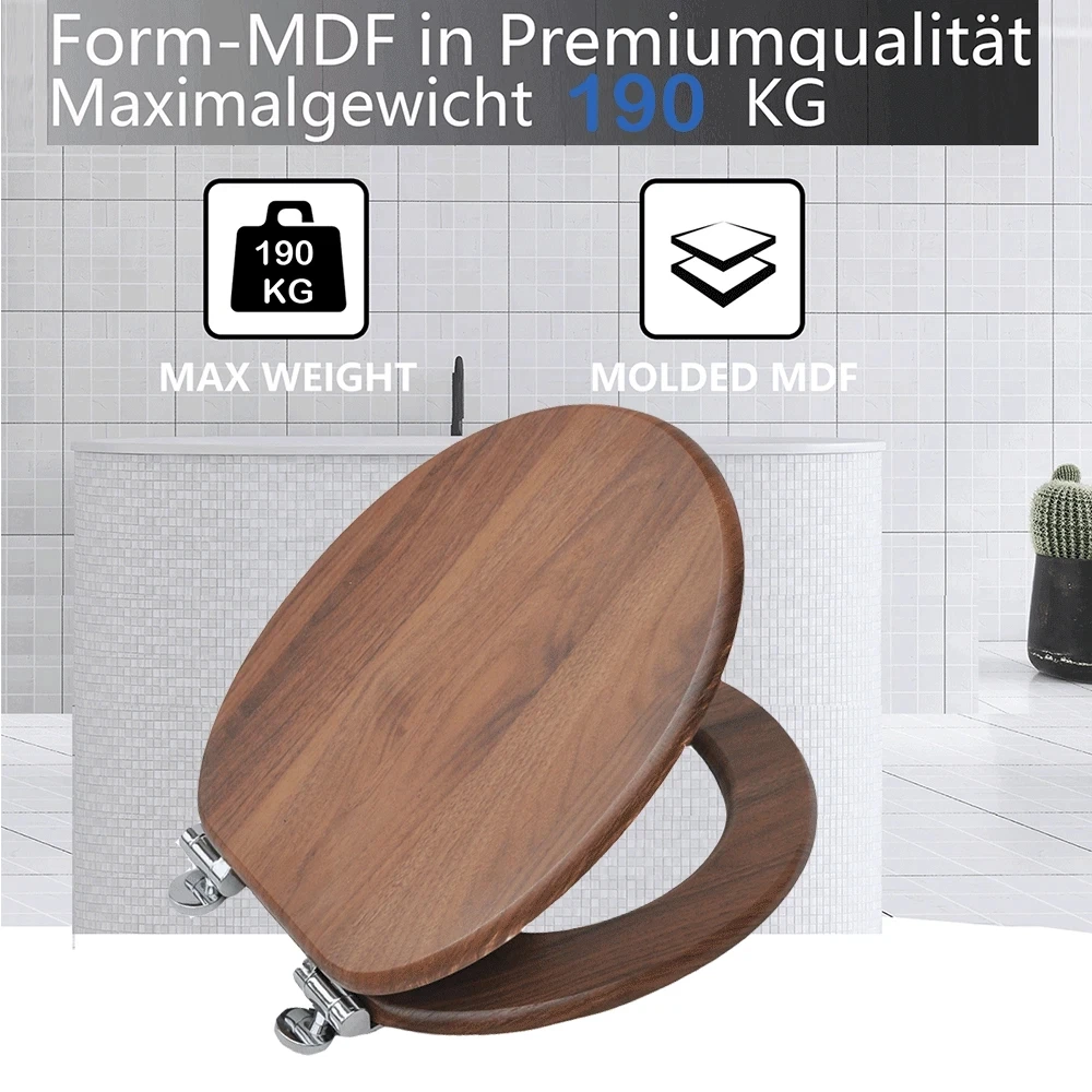 SAINOS WC-Sitz mit Soft-Close-Funktion, WC-Sitz aus Holz, universeller Toilettensitz, langlebiger, stabiler MDF-Toilettensitz, belastbar bis 190 kg, einfache Installation, Zinklegierungsscharnier, antibakteriell und leicht zu reinigen – Detail 4