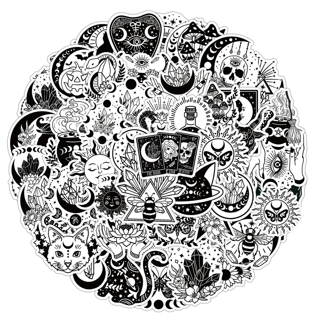 

10/30/50pcs Black White Gothic Magic Witch Stickers Tarot Goth Decals DIY Skateboard Laptop Motorcycle Cool Waterproof Sticker