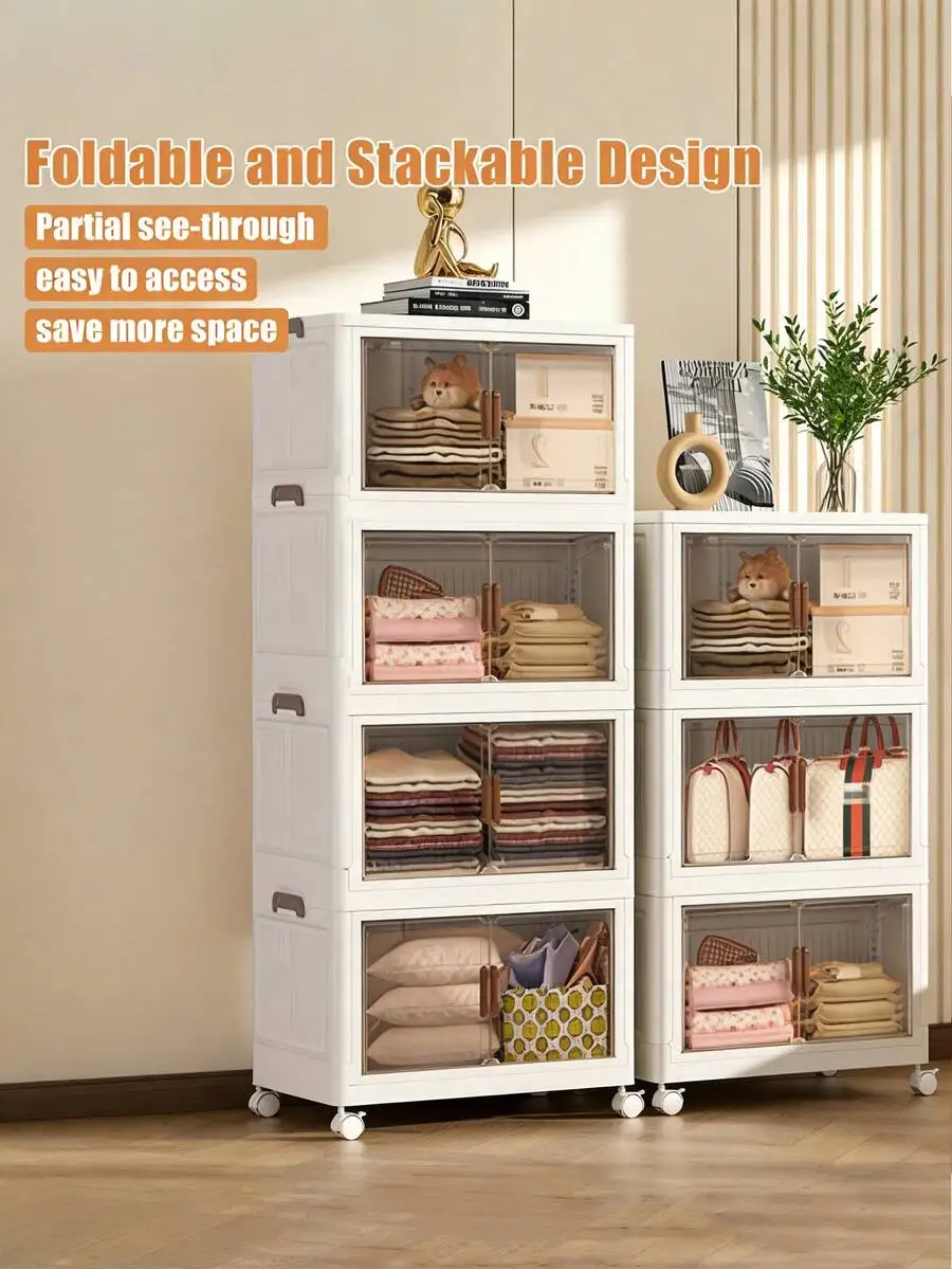 1/2/3/4/5layers Stackable Plastic Storage Boxes With Transparent Doors, Durable Foldable Design, Suitable For Kitchen And Home O