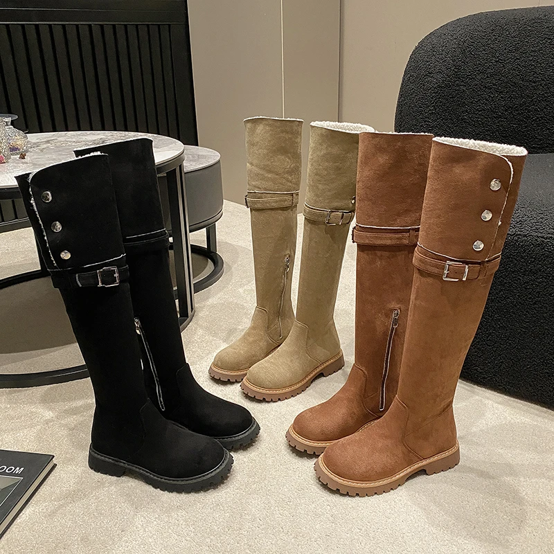 

Cotton Boots Winter New Round Toe Suede Side Zipper Rivet Plus Cotton Platform Anti-Slip Wear-Resistant Tall Boots
