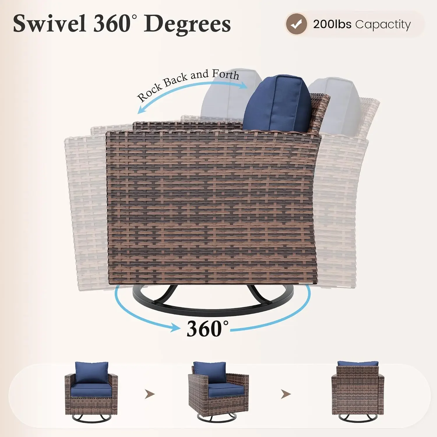 Patio Furniture Set with Fire Pit Table Wicker Outdoor Sectional Sofa with Swivel Rocker Chairs All Weather Rattan